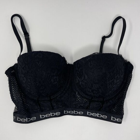 Bebe Intimates Bra Size 34C Black Lace Padded Longline Corset Mesh Back - Picture 3 of 7